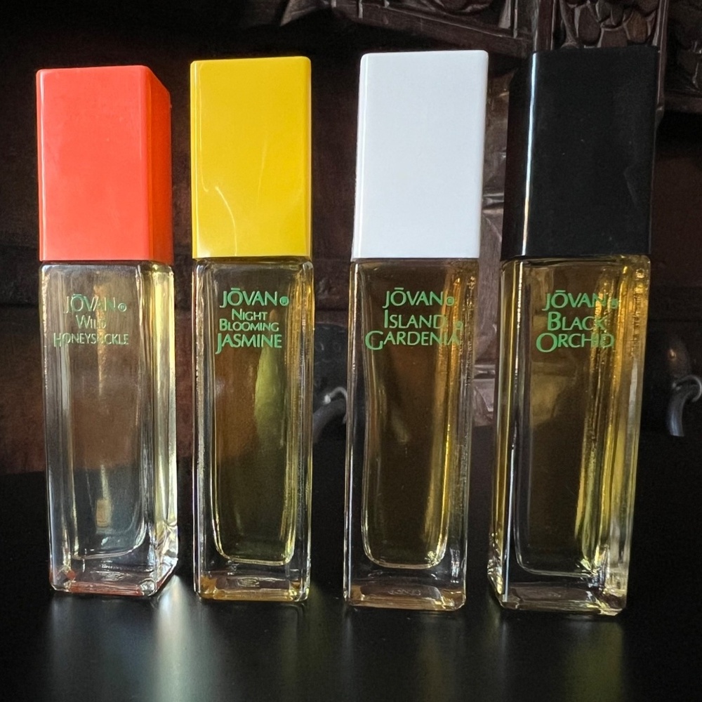 4 JOVAN COLOGNES: HONEYSUCKLE + JASMINE + GARDENIA + ORCHID .25 OZ EACH~VINTAGE